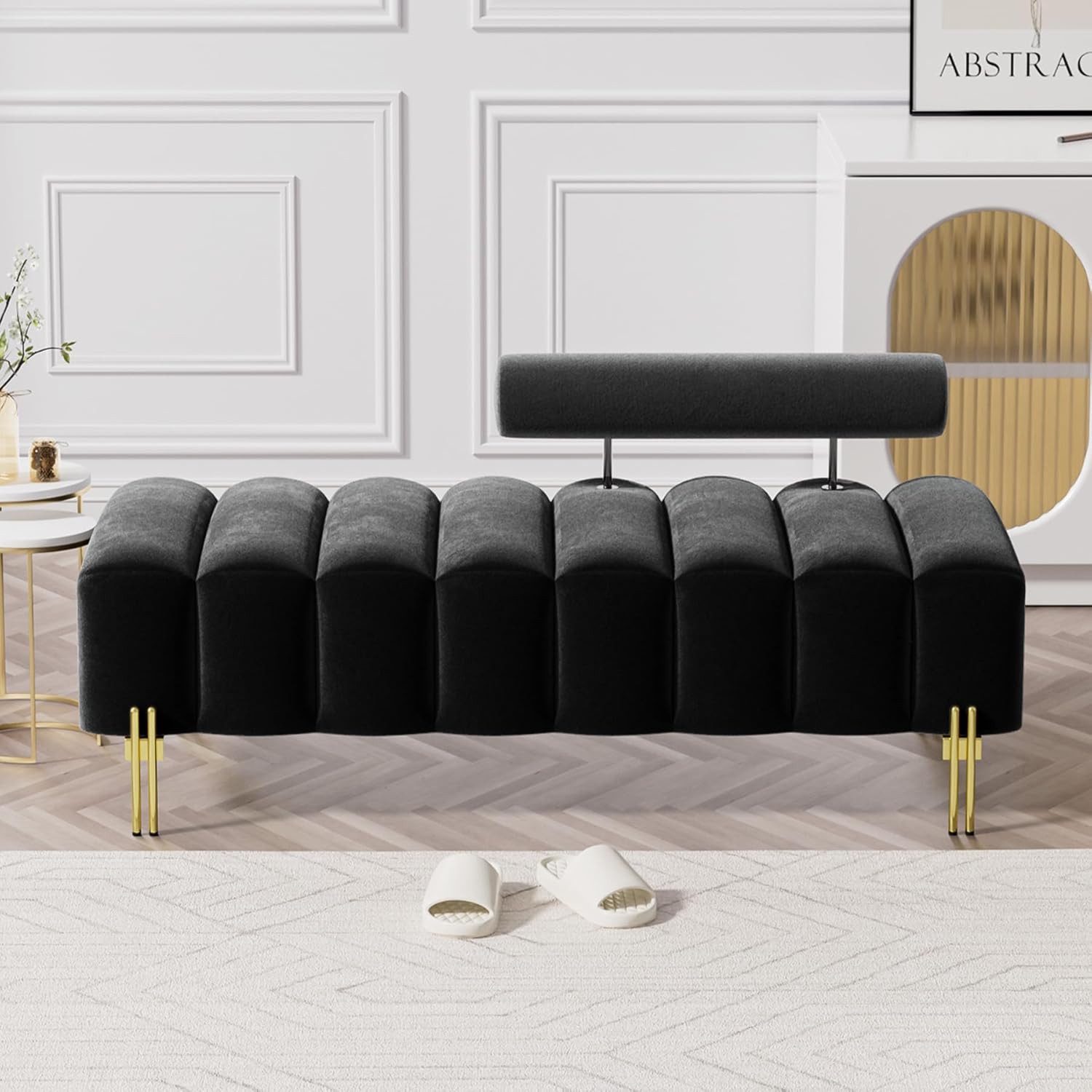 52.2" Velvet Bench, Upholstered Bedroom Bench Ottoman with Adjustable Backrest, Modern Channel Tufted End of Bed Bench with Golden Legs,Comfy Black Bench Entryway Footrest Bed Ottoman for Living Room