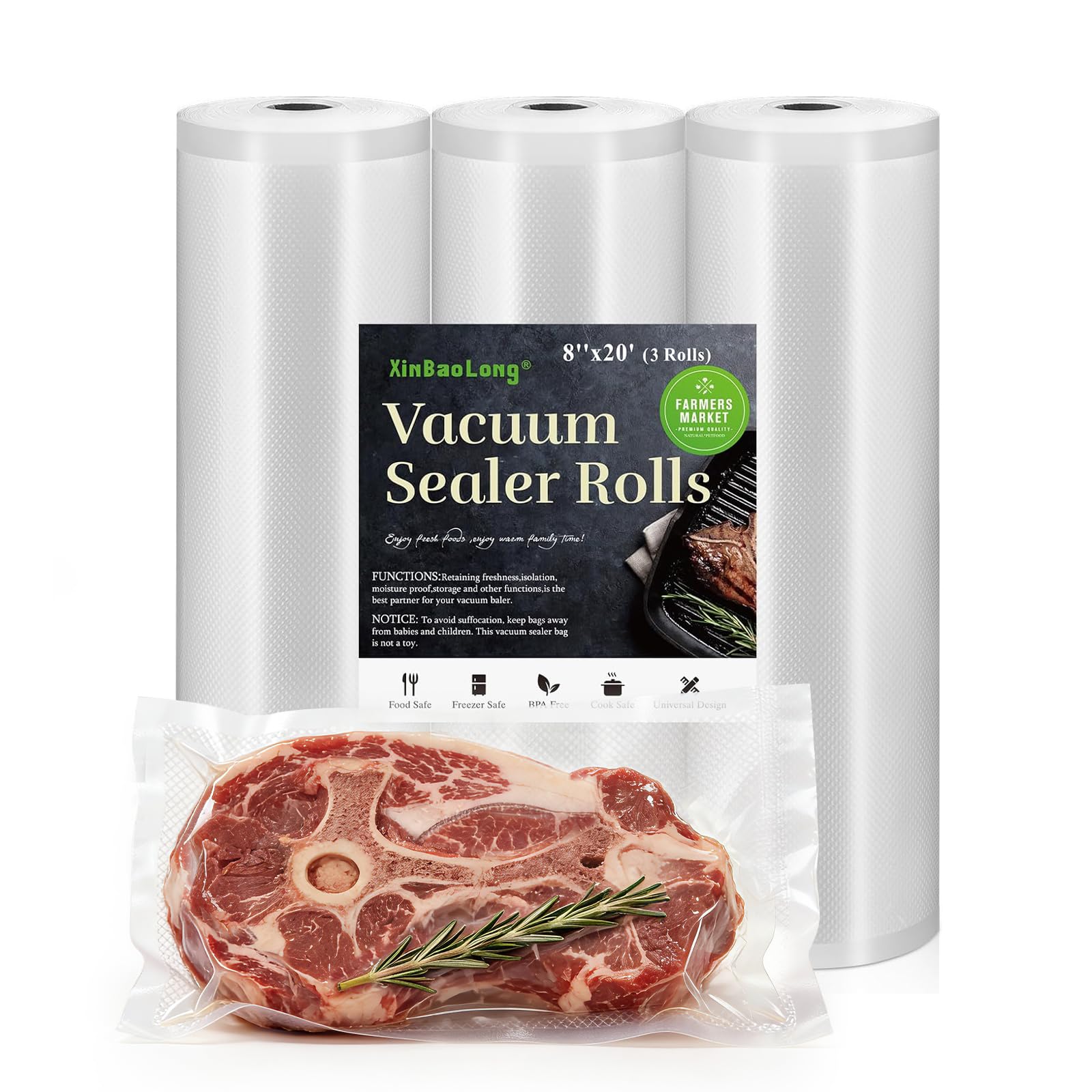 Kitchen Essentials, Vacuum Sealer Bags 3 Rolls 8"x20' Freezer Bags | Kitchen Commercial G…
