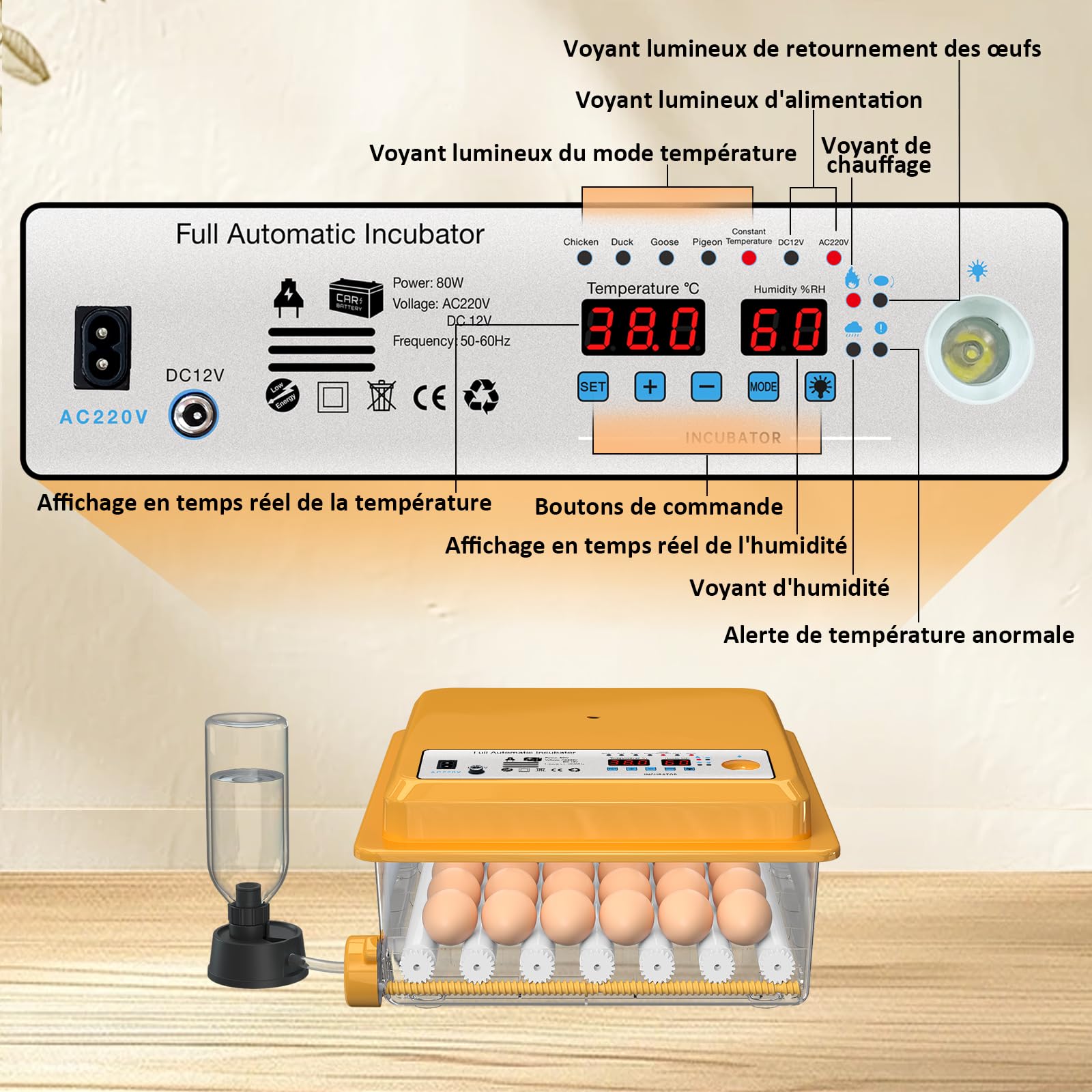 Couveuse Oeuf Automatique 36 Oeufs, Couveuse Oeuf Contrôle Température, Incubateur de 5 Modes d'incubation Automatiques, Affichage Humidité, Remplissage Automatique d'eau et Retournement