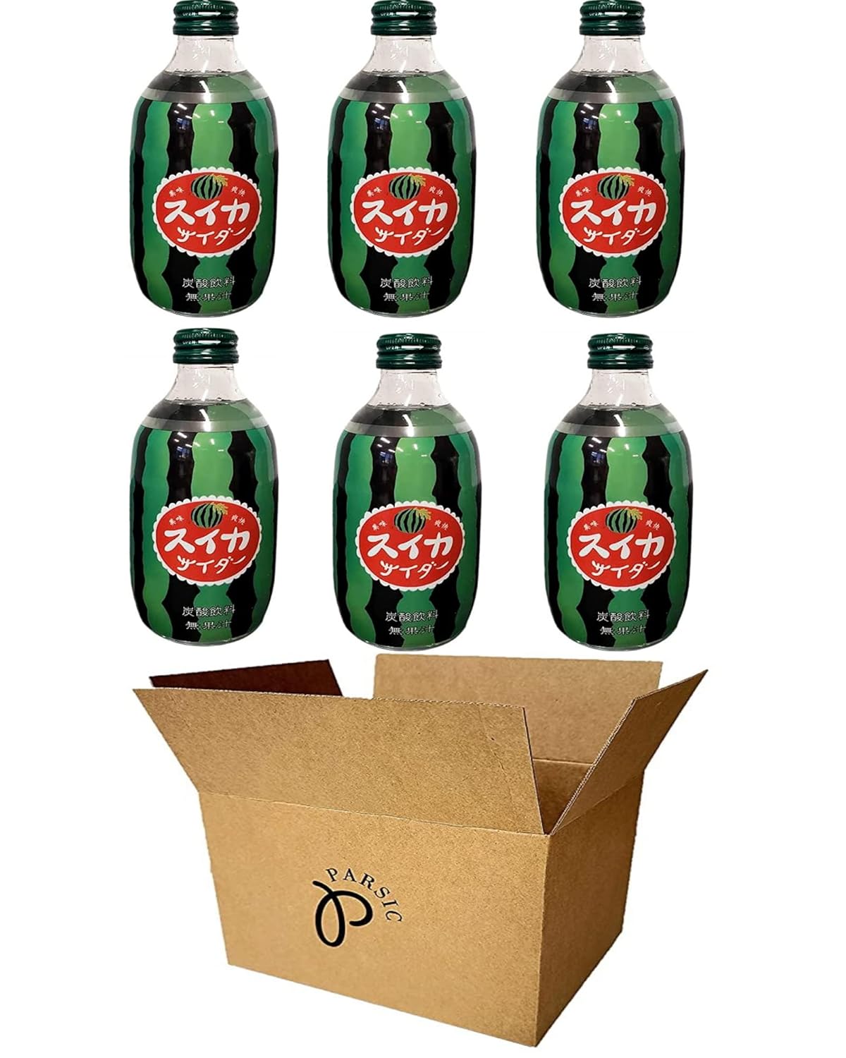 Tomomasu Japanese Soda Cider Soft Drink, 10.14Fl oz Each (Pine, Durian, Mango, Melon, Peach, Watermelon) - Pack of 6 (Watermelon (Pack of 6))