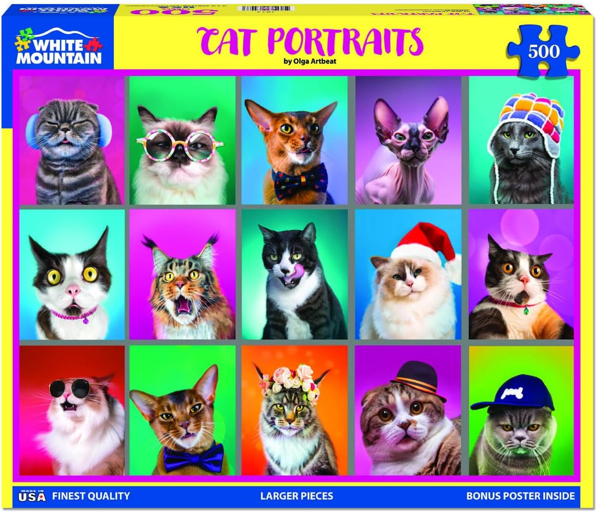 White Mountain 500 Piece Jigsaw Puzzle Funny Collage Cats Puzzles with Large Pieces Gift for Adults 18"x24" - Cat Portraits