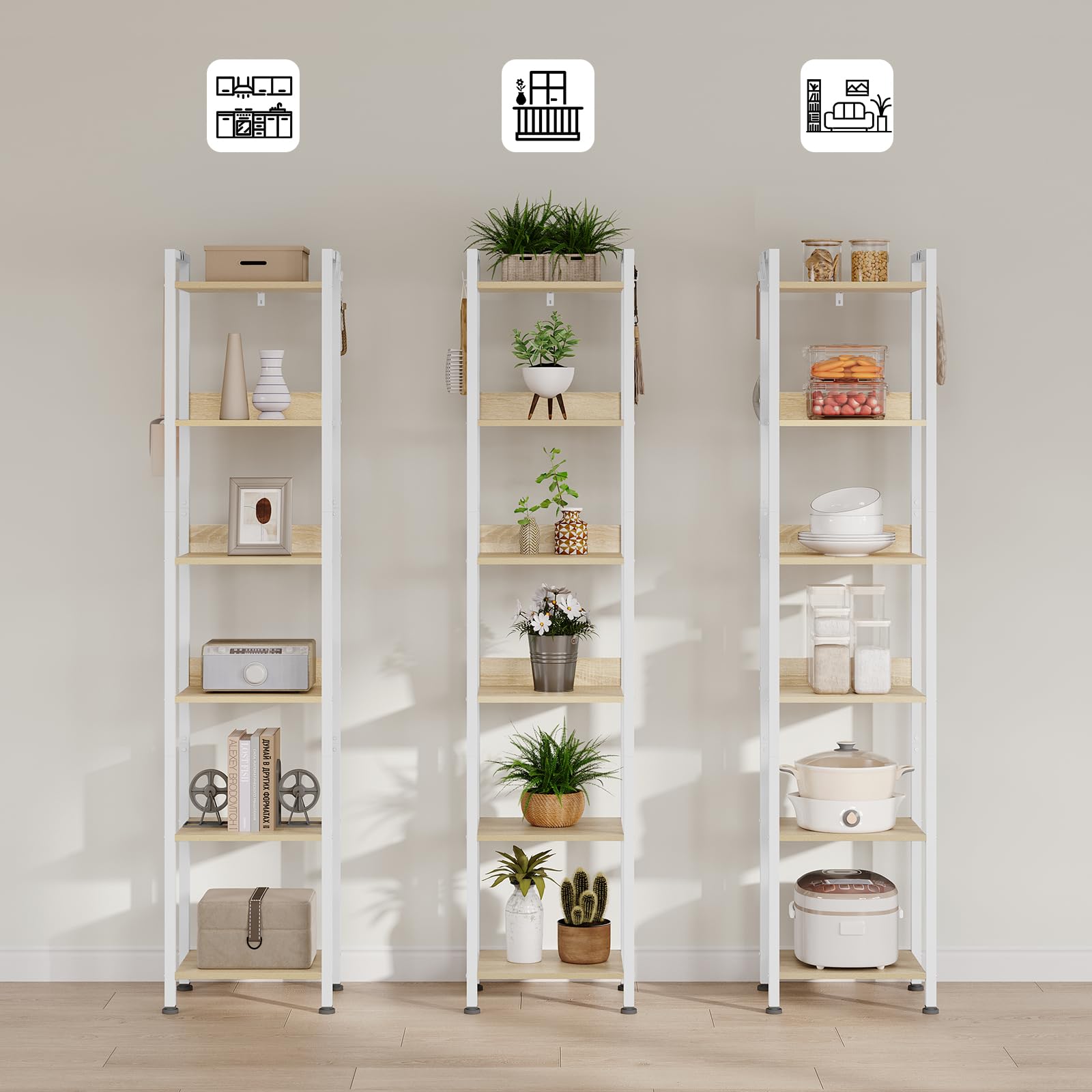 WOLTU Escalera Estantería de Almacenaje, Librería | de Madera y Metal con 4 Ganchos Extraíbles, de 6 Niveles, para Salón, de Estilo Industrial, Blanca, 40x30x187 cm