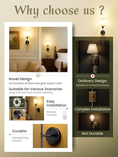 Miniatura 8 de Juego de 2 apliques de pared inalámbricos que funcionan con pilas, luces de pared negras con bombillas magnéticas recargables y control remoto,