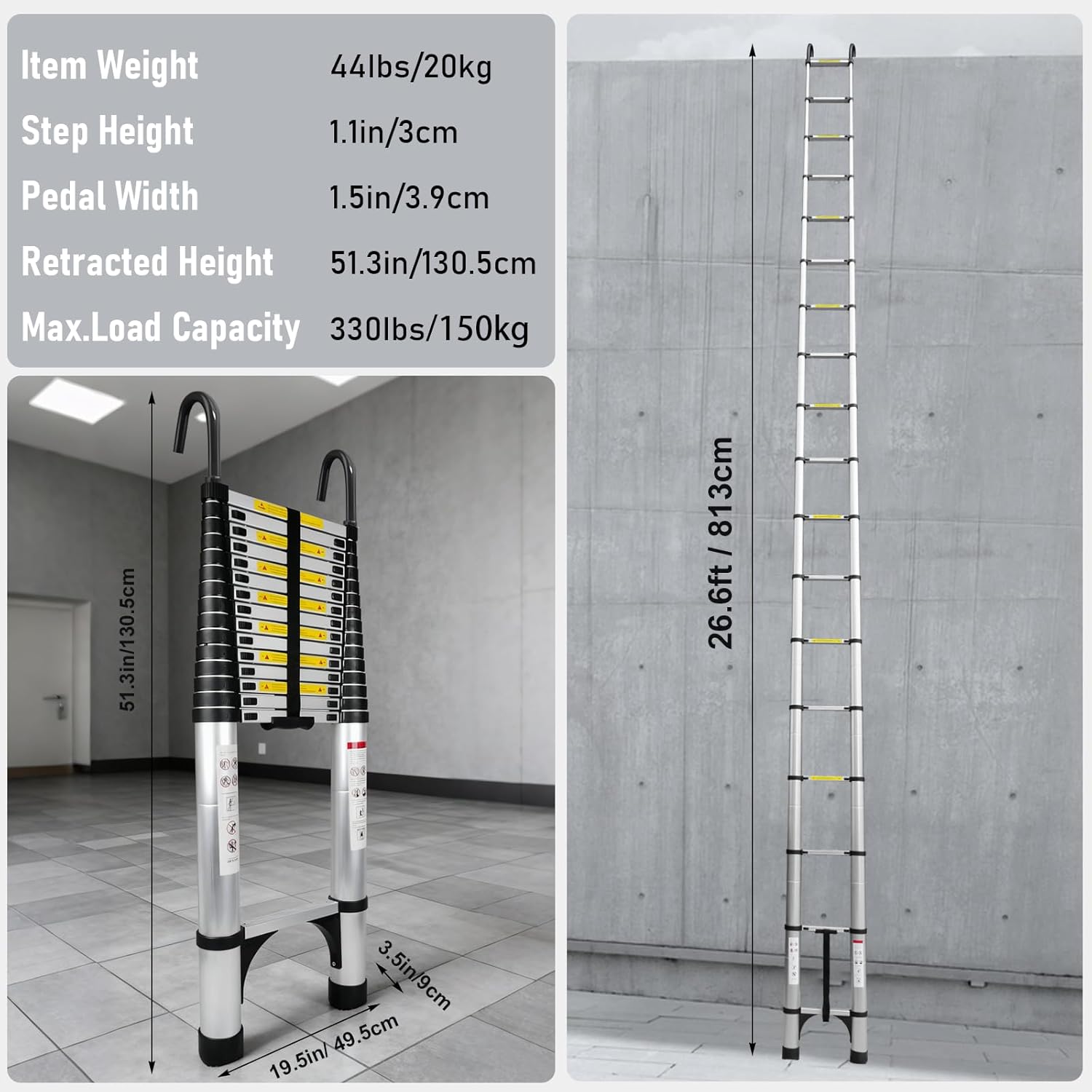 Telescoping Ladder 26.2FT Aluminum Lightweight Extension Ladder with Hooks 330 Lbs Heavy Duty Non-Slip Feet Folding Ladder Multi-Purpose Collapsible for Home RV Attic Outdoor Use (26.2 FT with Hooks)