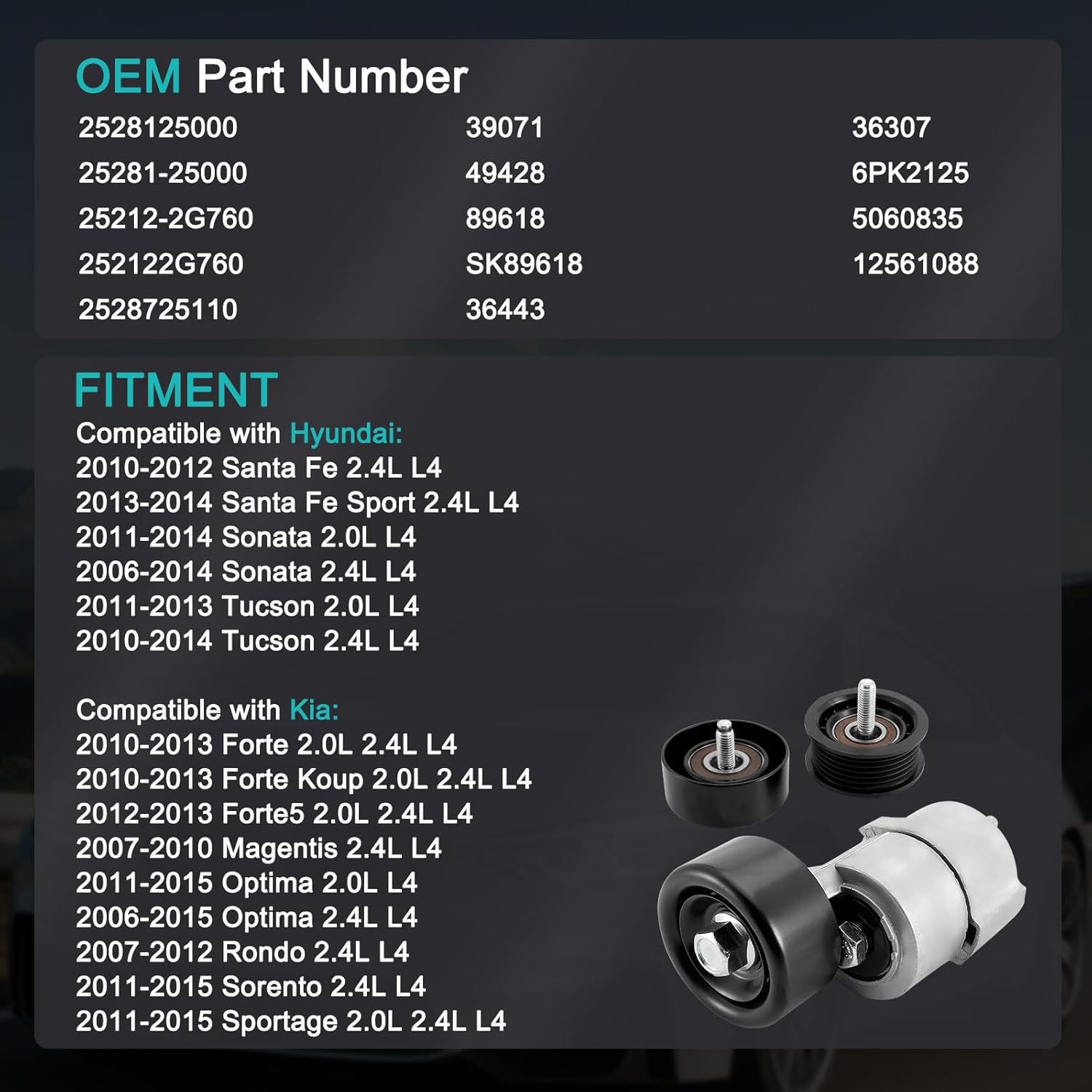 2528125000 Serpentine Belt Drive Kit with Tensioner (2.0L 2.4L) For Kia Forte 2010-2013,Optima 2006-2015,For Hyundai Santa Fe 2010-2012,Sonata 2006-2014,Tucson 2010-2014 39071 252122G760