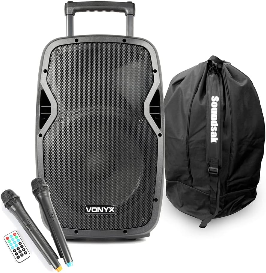 Vonyx AP1200PA Portable PA System, 12-Inch 600W Battery Powered Bluetooth Speaker with Wireless UHF Mics, MP3 Player, Equaliser & SoundSak Speaker Carry Case