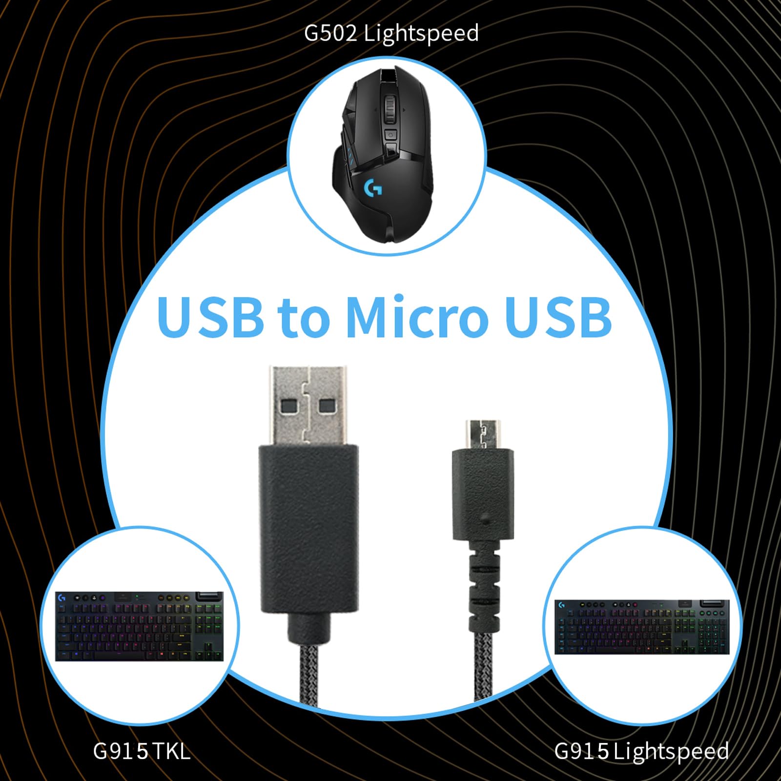 Cable de carga USB (6 pies), nailon trenzado, repuesto para mouse inalámbrico Logitech G502 Lightspeed / teclado inalámbrico G915 RGB TKL, USB a micro