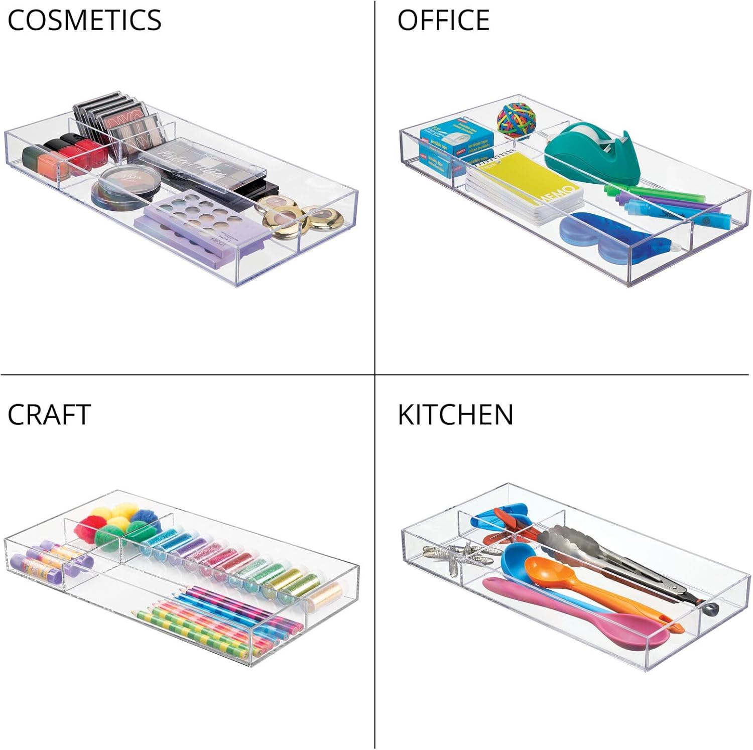 mDesign Plastic Divided Makeup Organizer Holder Tray for Bathroom Drawer, Vanity, Countertop Storage - Cosmetic Organization Holds Palettes, Brushes, Accessories - Lumiere Collection - Clear