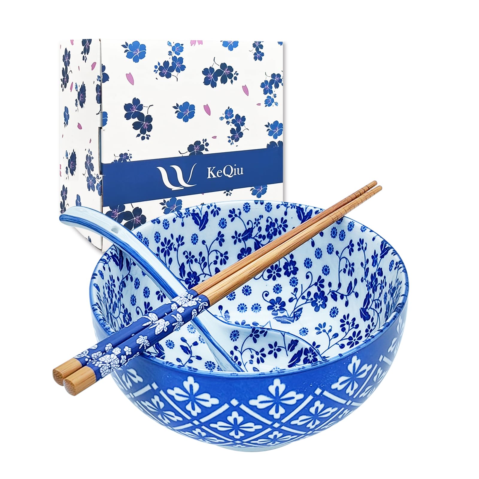 KeQiu 28Oz Ceramic Ramen Noodle Pho Bowl Set with Chopstick Spoon Gift Box