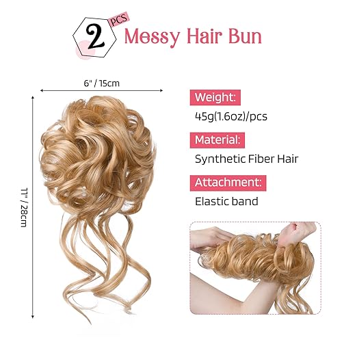 Miniatura 2 de HOOJIH 2 piezas de cabello de moño desordenado, extensiones de moño de cabello ondulado rizado y ondulado, coleteros para mujeres y niñas, rubio
