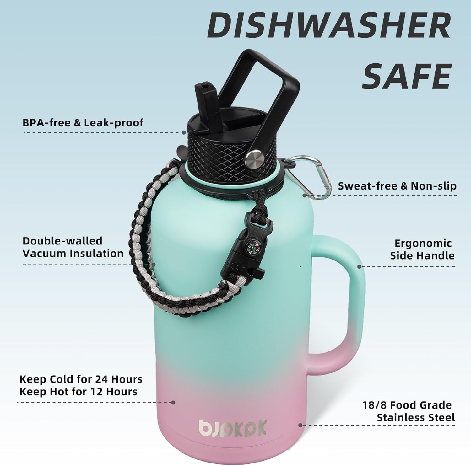 BJPKPK Half Gallon Insulated Water Bottles with Straw Lid & Side Handle, 64oz Large, Stainless Steel Water Bottles with 3 Lids and Paracord Strap, Metal Water Jug,Marshmallow - Image 2