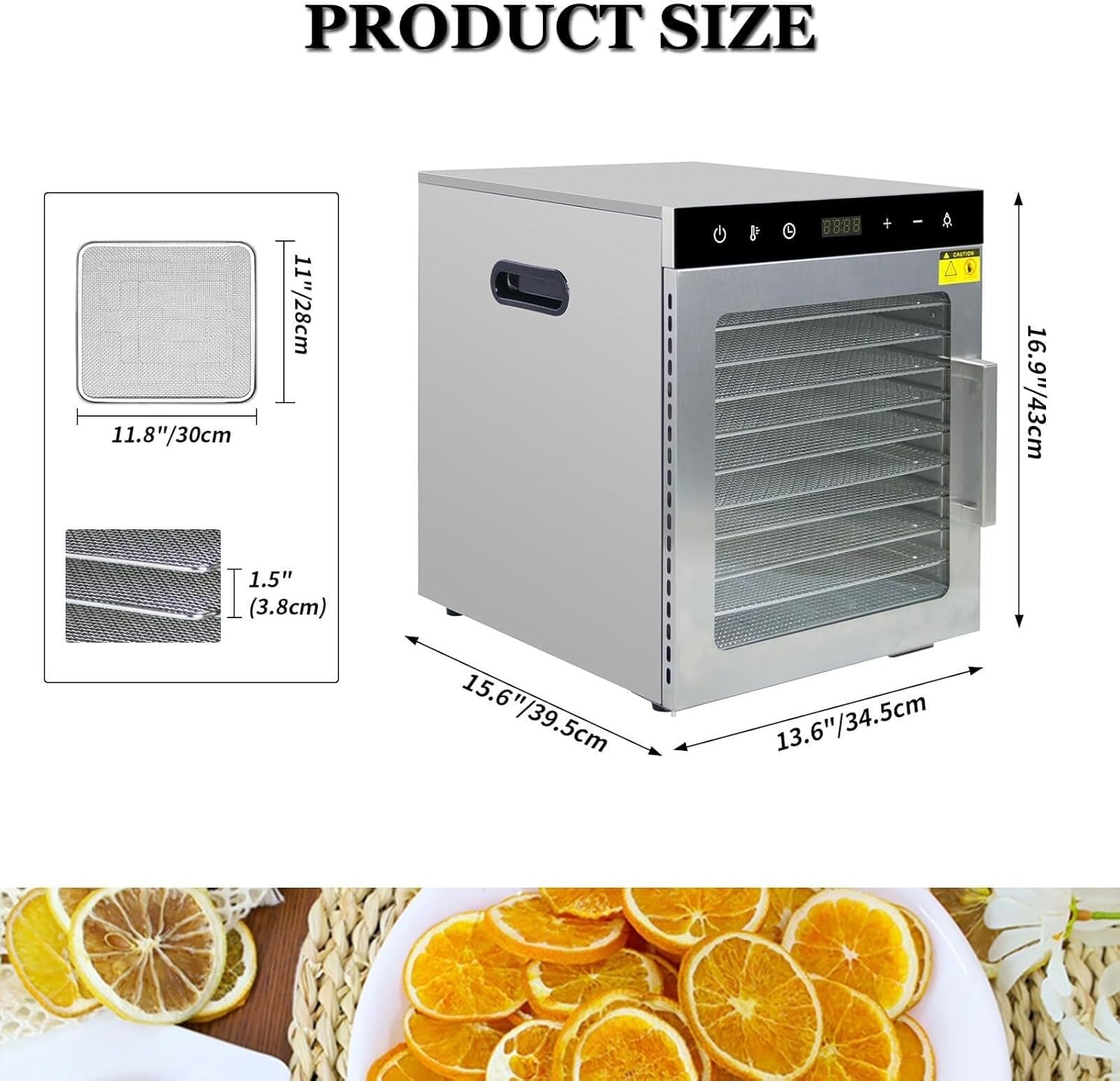 Product dimensions of the food dehydrator, showing height, width, and depth, along with tray size.