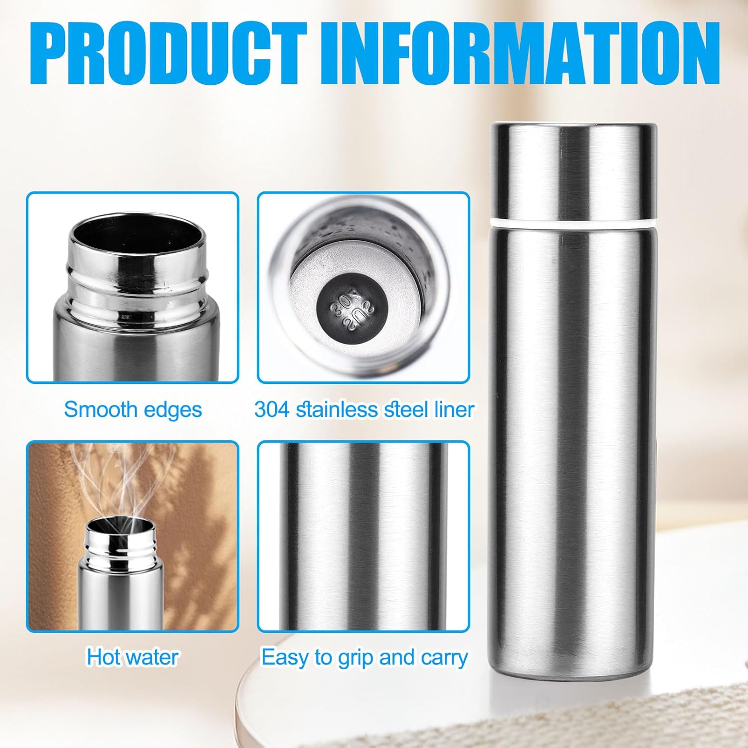 4 Pack Mini Water Bottles, 4.4 Oz Insulated Stainless Steel Bottle, Slim Purse Water Bottles, Leak Proof Flask Keeps Drink Cold and Hot for Purse Women Lunch Bag Coffee (Silver)