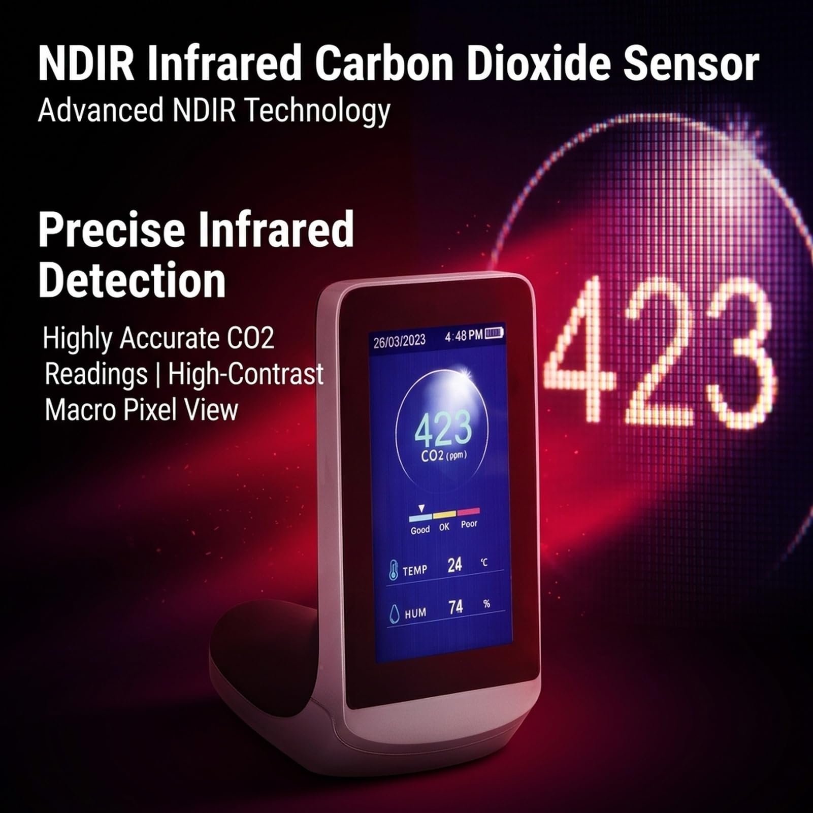 Detector de Dióxido de Carbono con Tecnología NDIR, Monitoreo en Tiempo Real, Función de Alarma Sonora, Medidor de CO2 con Batería de 3000mAh para Espacios Interiores
