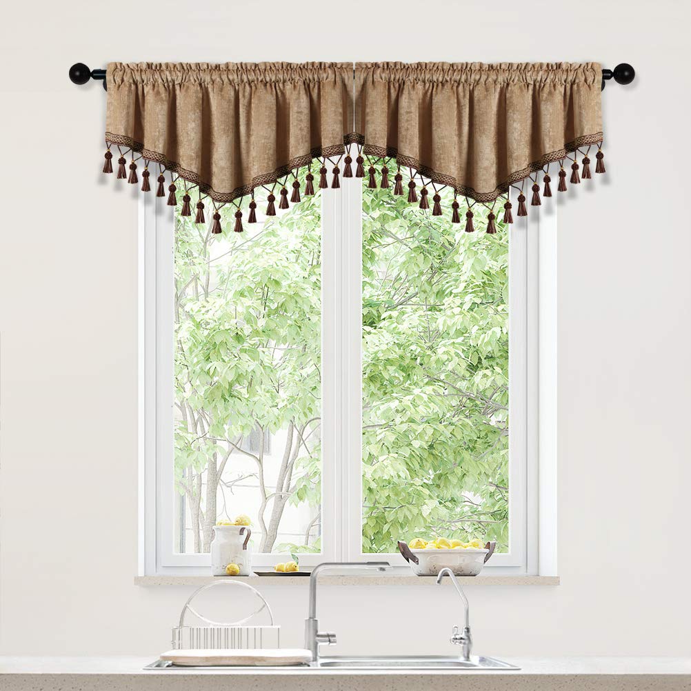 ELKCA Double-Sided Chenille Window Curtains Tier for Kitchen Coffee Ascot Valance Curtain for Living Room,Pack of 2 (Coffee, 52" W x 18" L)