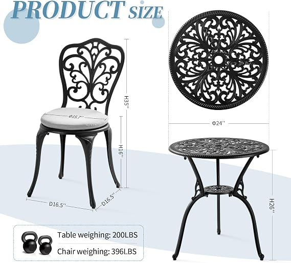 Patio Bistro Set 3 Piece with Cushions, All Weather Bistro Table and Chairs Set of 2 with Umbrella Hole, Outdoor Bistro Set, Cast Aluminum Patio Furniture Set for Garden Porch, Black