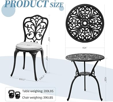 Patio Bistro Set 3 Piece with Cushions, All Weather Bistro Table and Chairs Set of 2 with Umbrella Hole, Outdoor Bistro Set, Cast Aluminum Patio Furniture Set for Garden Porch, Black