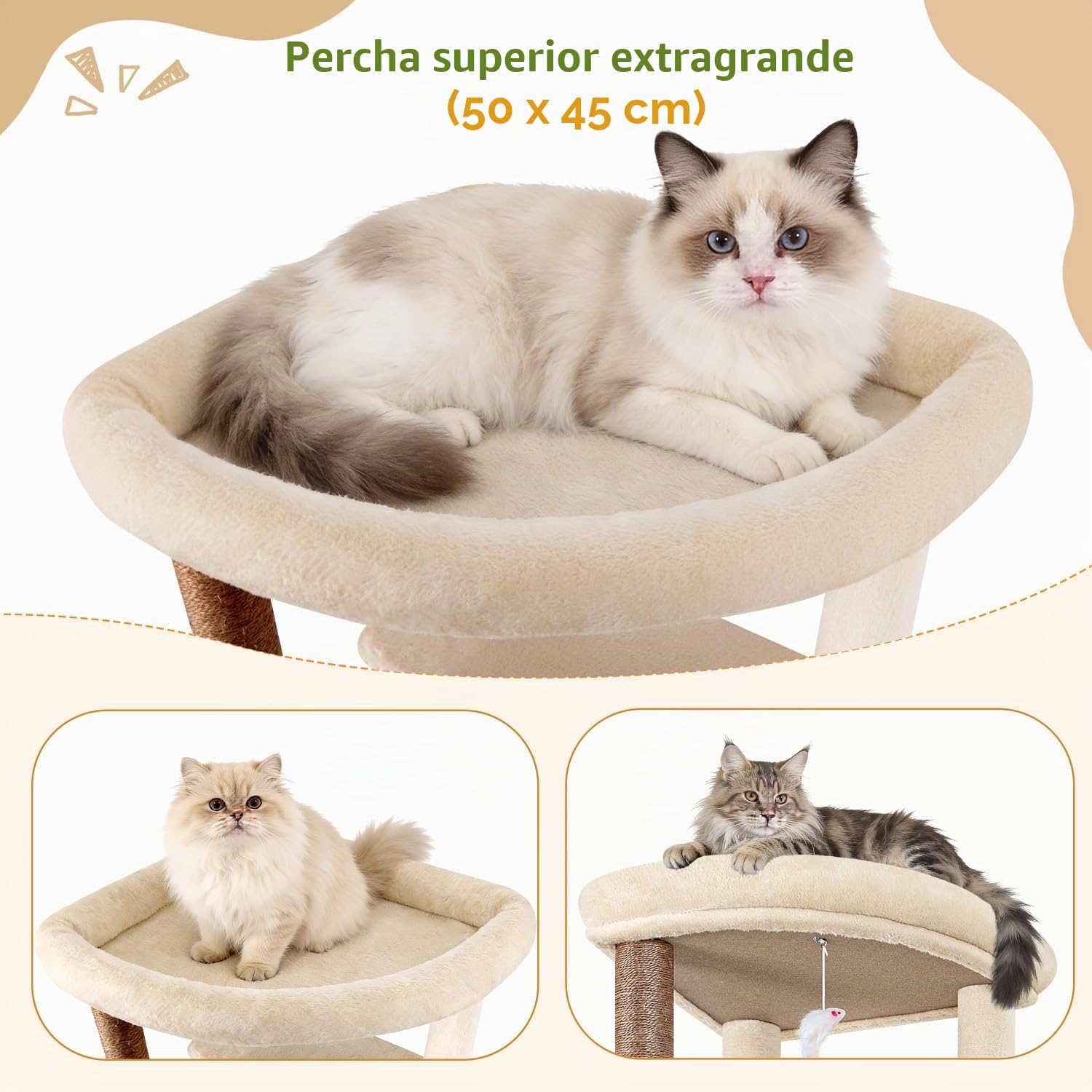 Globlazer Beige Arbol Gatos XXL 204 cm con 2 Grandes Nidos 45 * 30 * 30cm, Inmenso Plataformas Acolchada, Tabla Sisal, 2 Cesta, Estable Esquinero Rascador para Gatos Descansar Rascarse (C80, Beige)