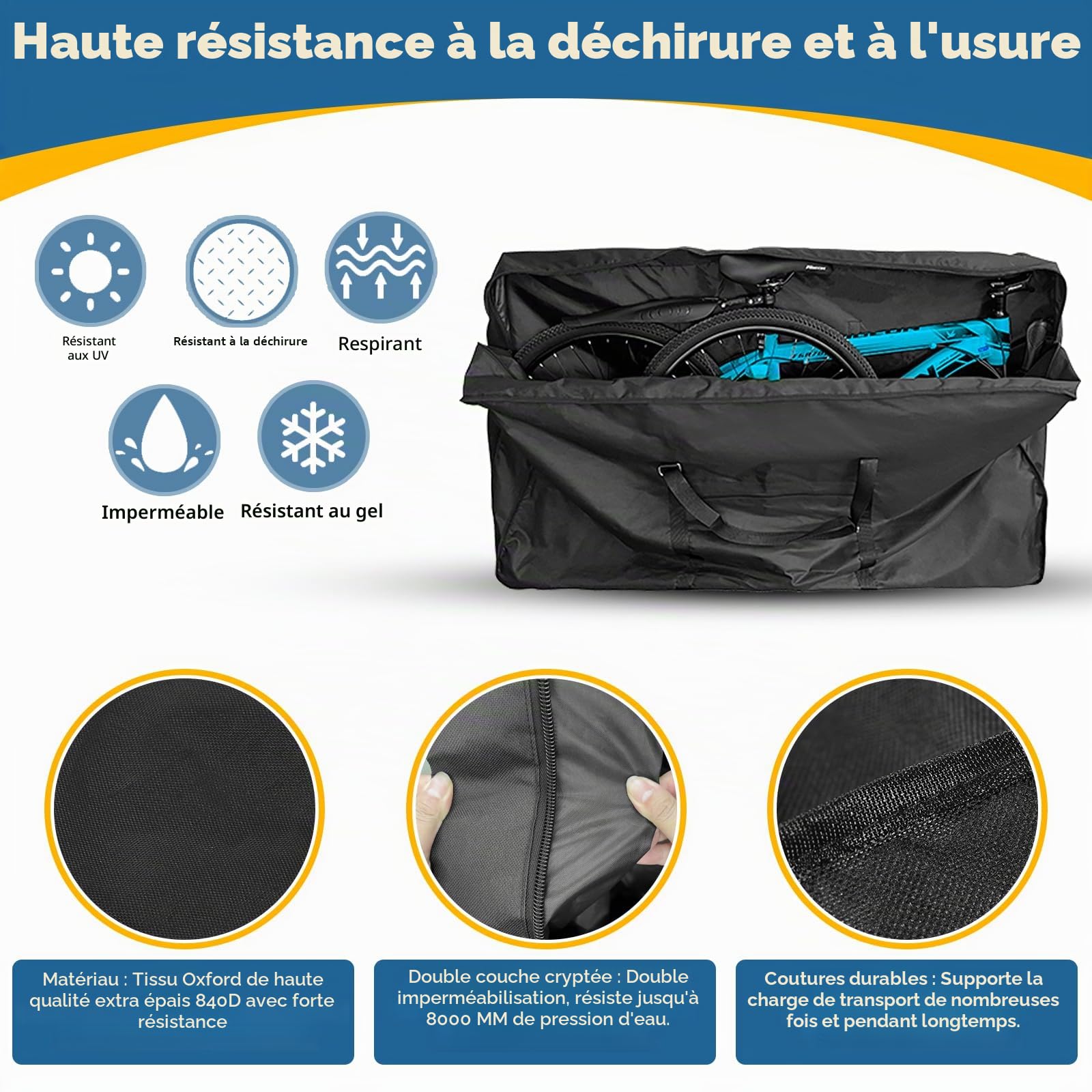 Sac de voyage pliable pour vélo, noir, 55,1 x 31,4 x 11 pouces (140 cm x 80 cm x 28 cm), sacoche de vélo multifonction