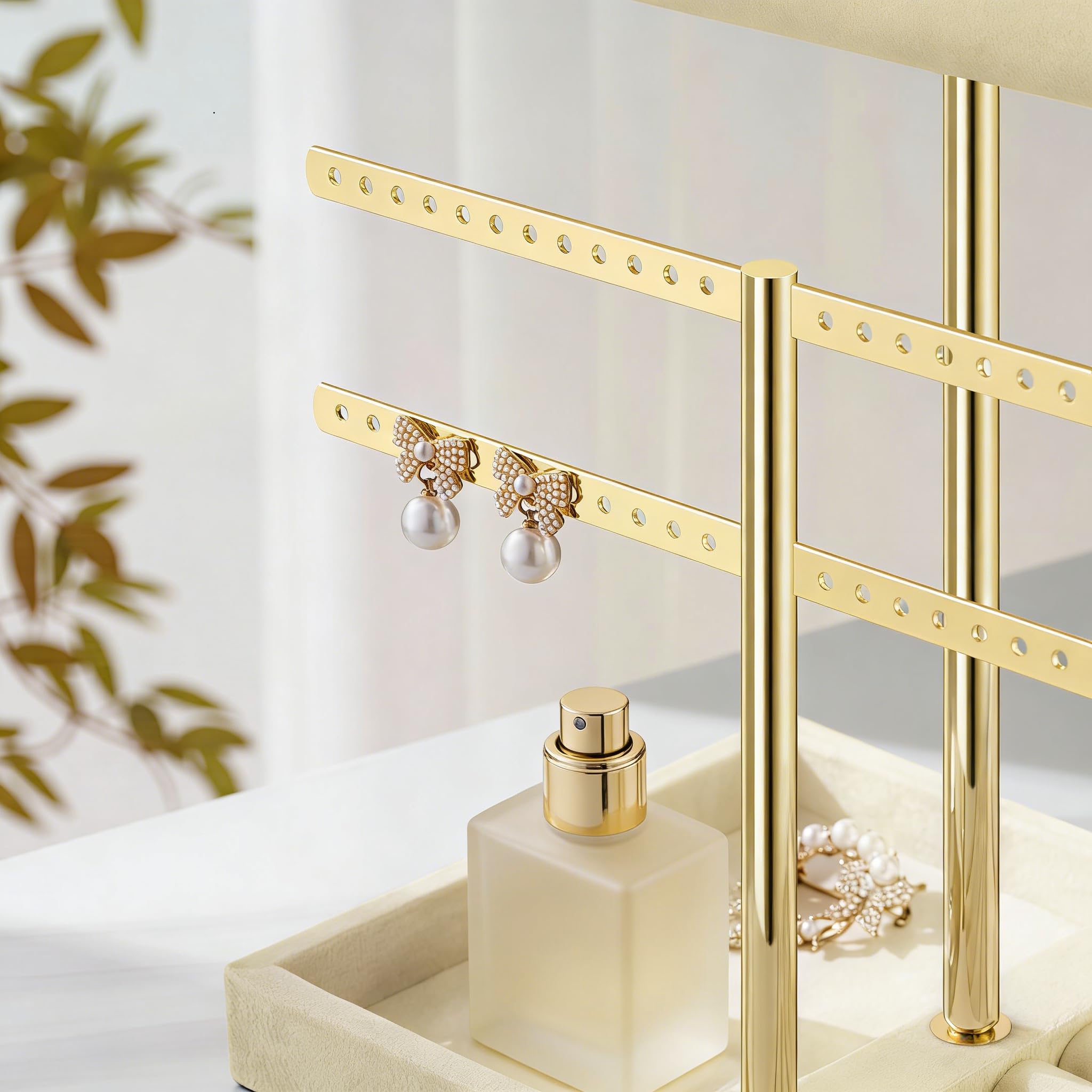 Josmimic Organizador de joyas con 3 niveles – Grande Beige Soporte para joyas pulseras de terciopelo para pulsera, collar, relojes, anillos