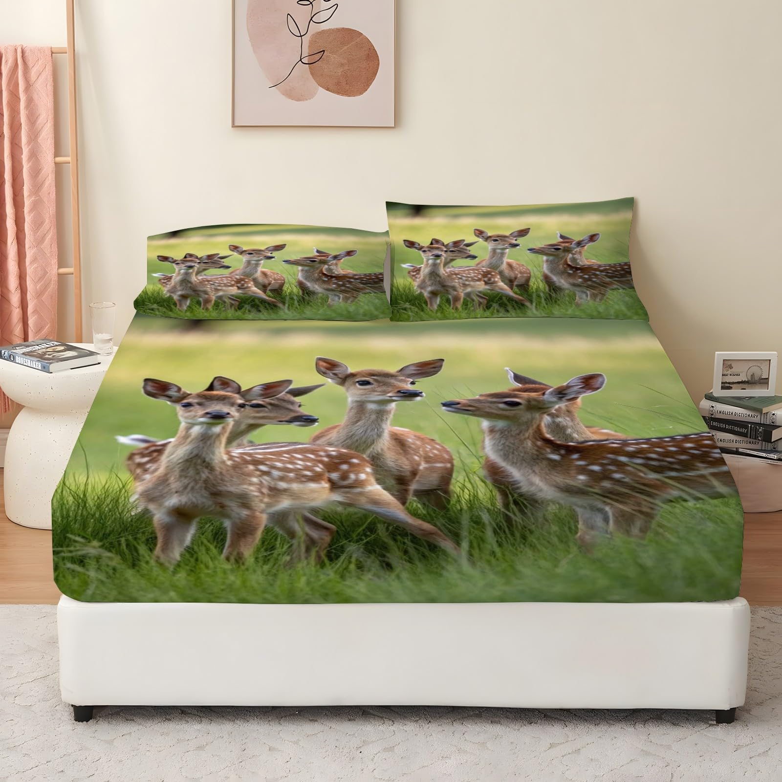 Regulowana pościel z gumką Jeleń Sika Sawanna 160x200 Animal Pościel dla zwierząt, miękki wygodny ochraniacz na materac z głęboką kieszenią 30 cm i 2 poszewkami na poduszki