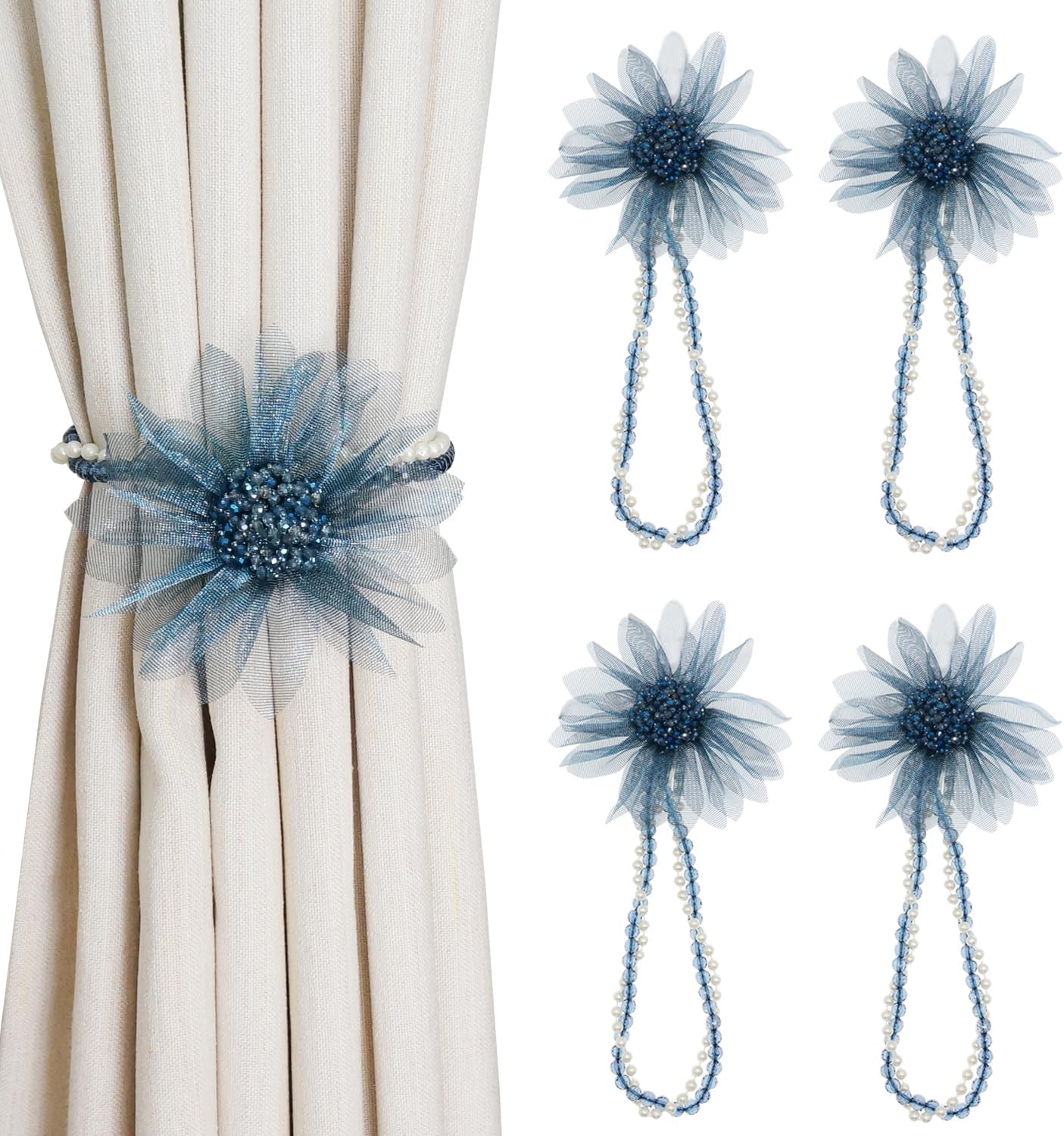 Flower Magnetic Curtain Tiebacks - Heavy Duty Magnetic Curtain Holders for Drapes, Decorative Floral Tie Backs, No Drill No Hole Curtain Holdbacks for Home Outdoor Bedroom Office (4 Pack, Navy Blue)