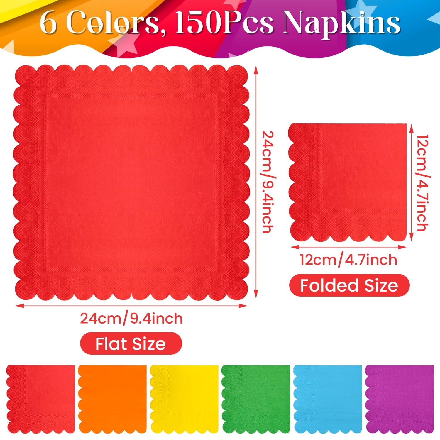 150 PCS Scalloped Cocktail Napkins, 2-Ply Colored Disposable Dessert Napkins Folded 5x5Inch Bright Beverage Napkins for Bridal Baby Shower Fiesta Dinner Wedding Birthday Party Table Decorations