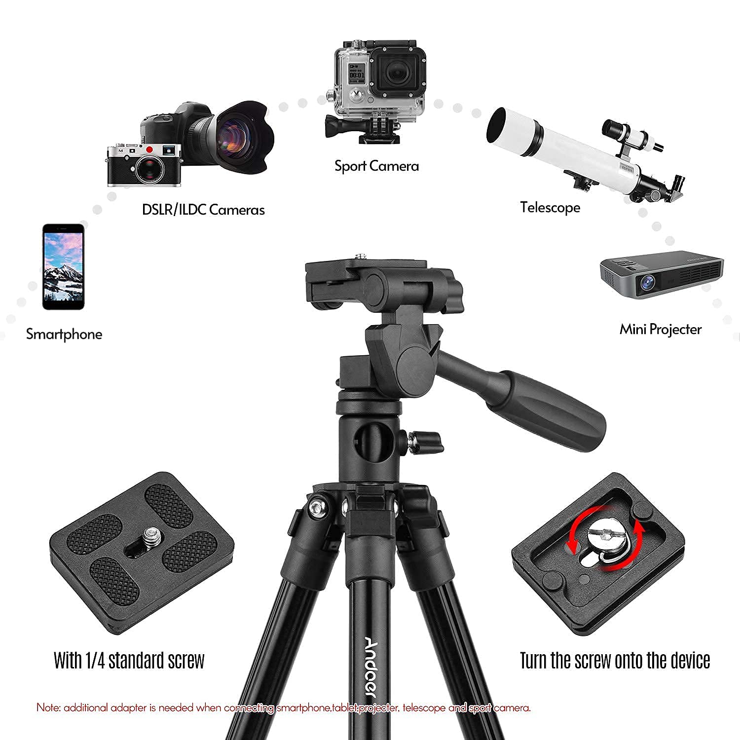 Andoer Q160HA profesjonalny statyw wideo poziomy montaż wytrzymały statyw do kamery z 3-drożną głowicą i pochyloną głowicą do kamer DSLR mini projektor kompatybilny z Canon Nikon Sony
