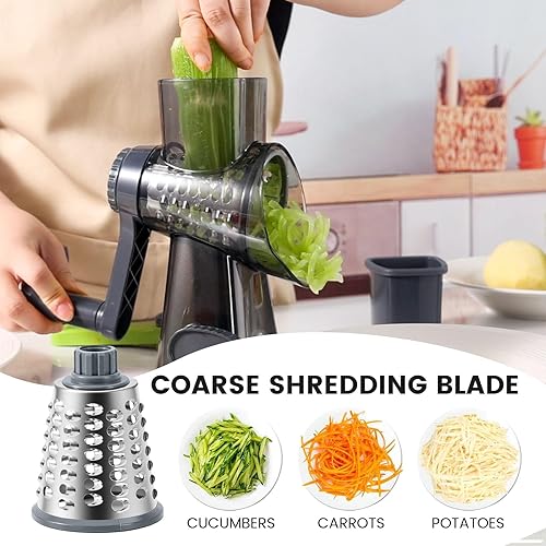 Miniatura 4 de HANSGO Rallador giratorio de queso, manivela de mano, trituradora, 3 cuchillas de metal de gran diámetro y cepillo de limpieza, base de succión