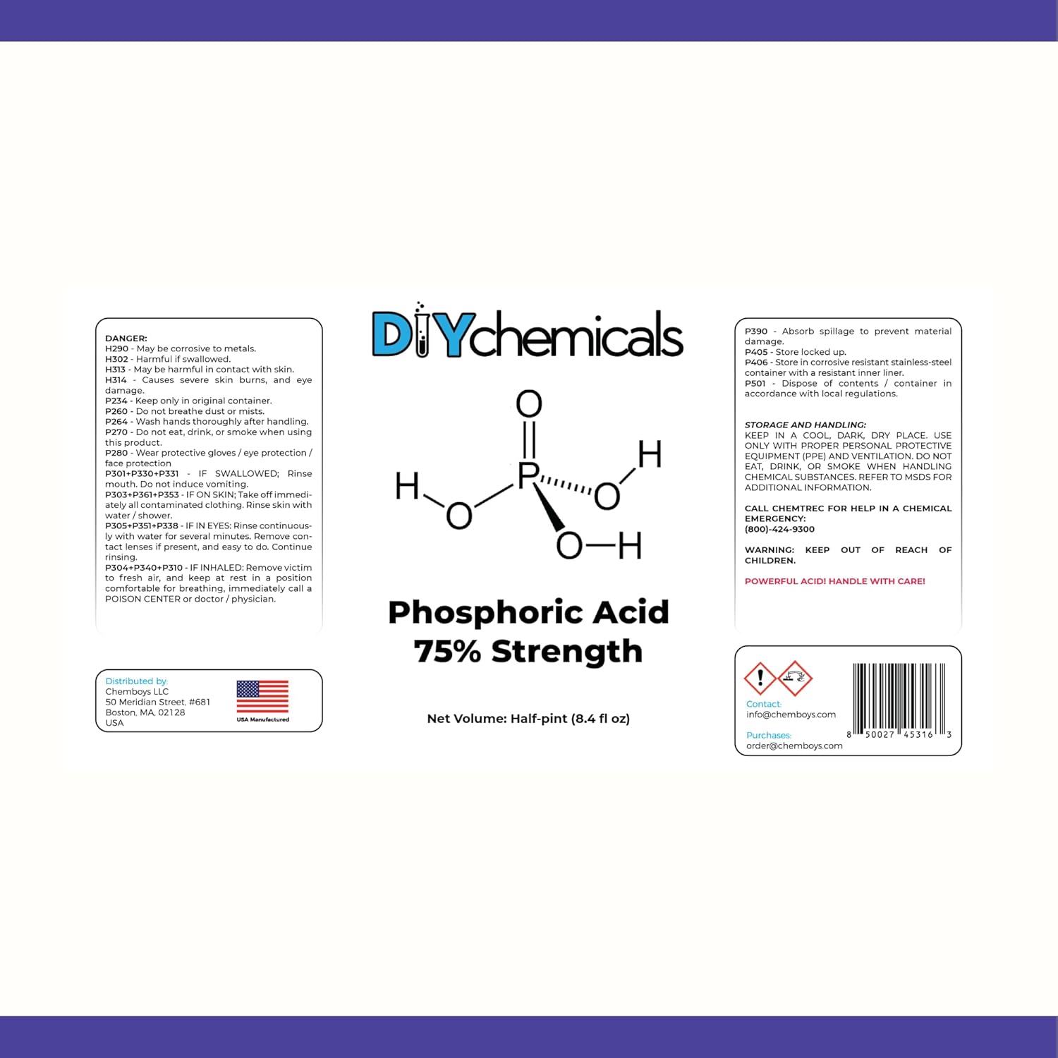 DIYChemicals Phosphoric Acid 75% – Rust Remover, Wood Stain Remover, pH Control, High Purity Orthophosphoric Acid for Metal, Fertilizers - Made in USA - 1 Pint (16 fl oz)