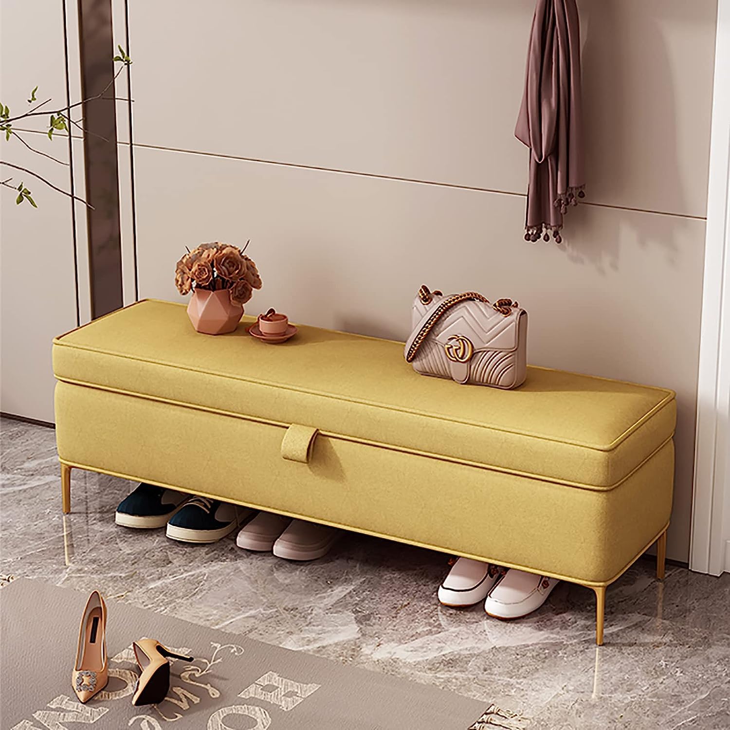 Banc ottoman de rangement rembourré avec coffre à chaussures pour chambre