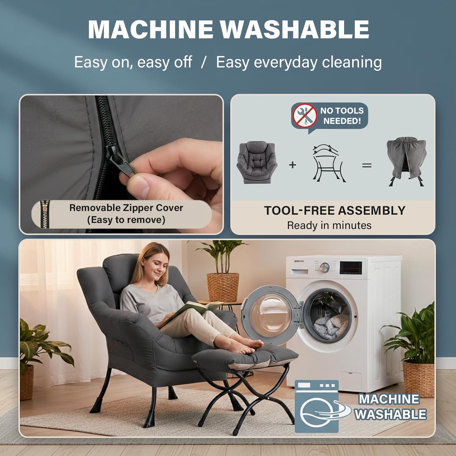 Lazy Chair with Ottoman, Large Dark Grey Accent Chair with a Side Pocket, Modern Leisure Upholstered Sofa Reading Armchair with Footrest for Office, Bedroom, Living Room, Dorm Rooms, Balcony