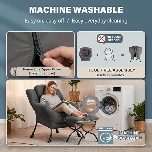 Miniatura 5 de Silla perezosa con otomana, moderna silla de descanso grande con reposabrazos y bolsillo lateral, sofá tapizado de ocio con sillón de lectura y