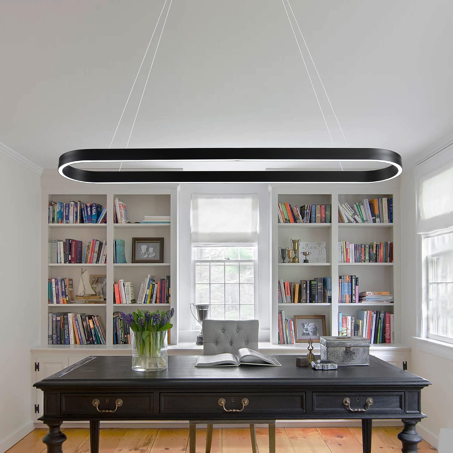 Modern Chandelier Circular LED Dimmable Oval Linear Chandelier Black LED Acrylic Contemporary Pendant Chandeliers Lighting 39.4" Dining Room Entry Kitchen Island Hanging Light 37W