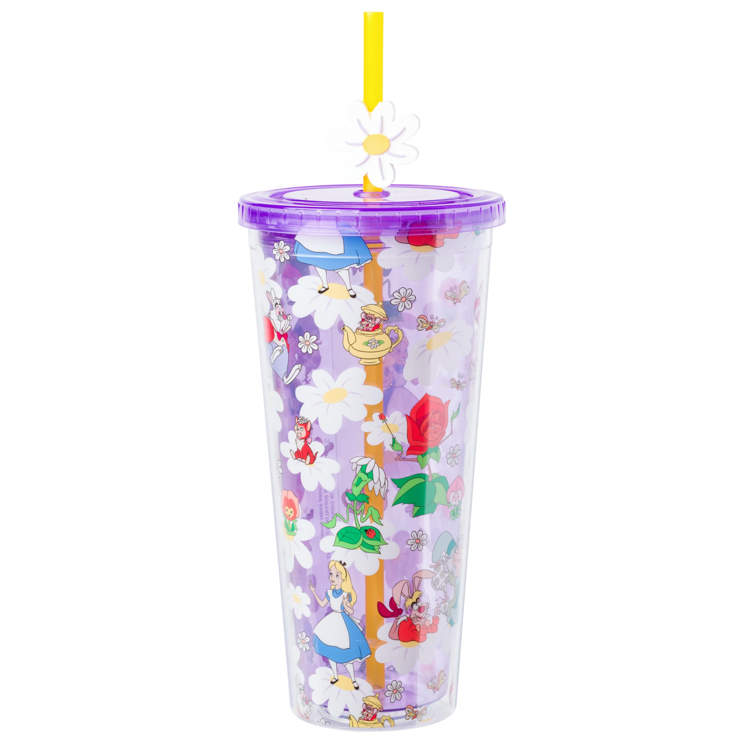 Silver Buffalo Alice in Wonderland Wild Flower Toss 24oz Plastic Cold Cup w/Lid and Topper Straw — image 1