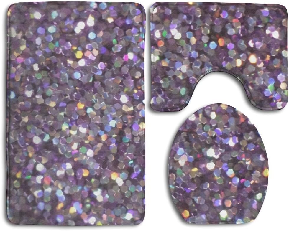 RedBeans Glitter Sparkles Shimmer Flannel Bathroom Bath Mat 3 Piece/Set Pedestal Style Rug,Non Slip Shower Mat And Toilet Cover