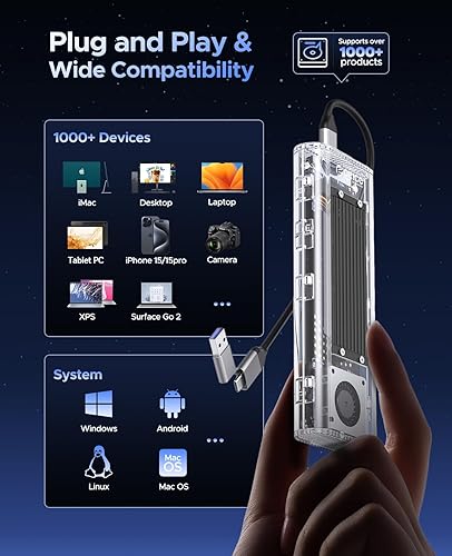 Miniatura 6 de ORICO Carcasa SSD NVMe M.2 de 40 Gbps con ventilador de refrigeración integrado, carcasa de disco duro externo sin herramientas, compatible con 2230