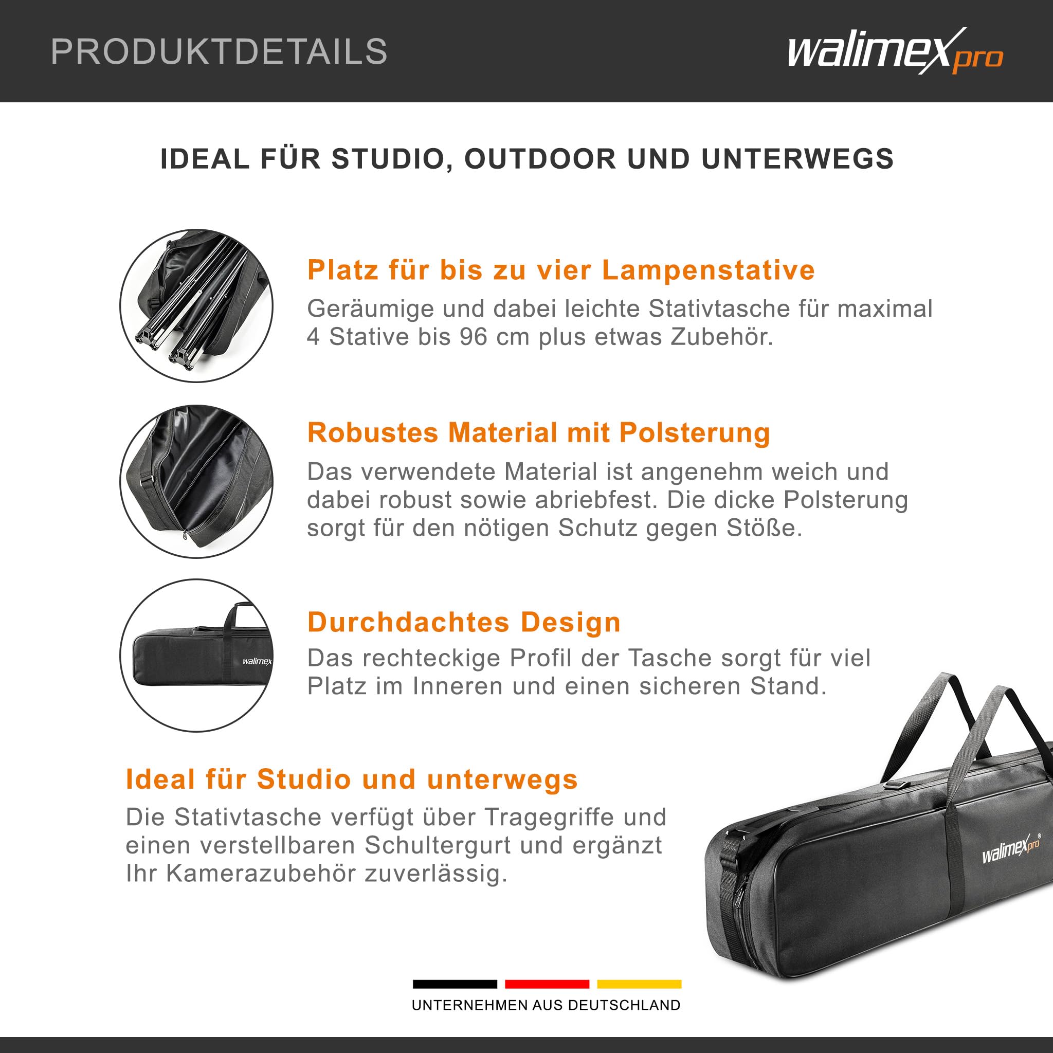 Borsa Treppiede Walimex Pro 98 Cm Per Max. 4 Monolocali Fino A 96 Cm - Borsa Per Il Trasporto Con Tracolla, Pratica E Comoda, Imbottitura Spessa, Esterno: 98 X 18 X 16 Cm, Interno 96 X 17 X 14 Cm