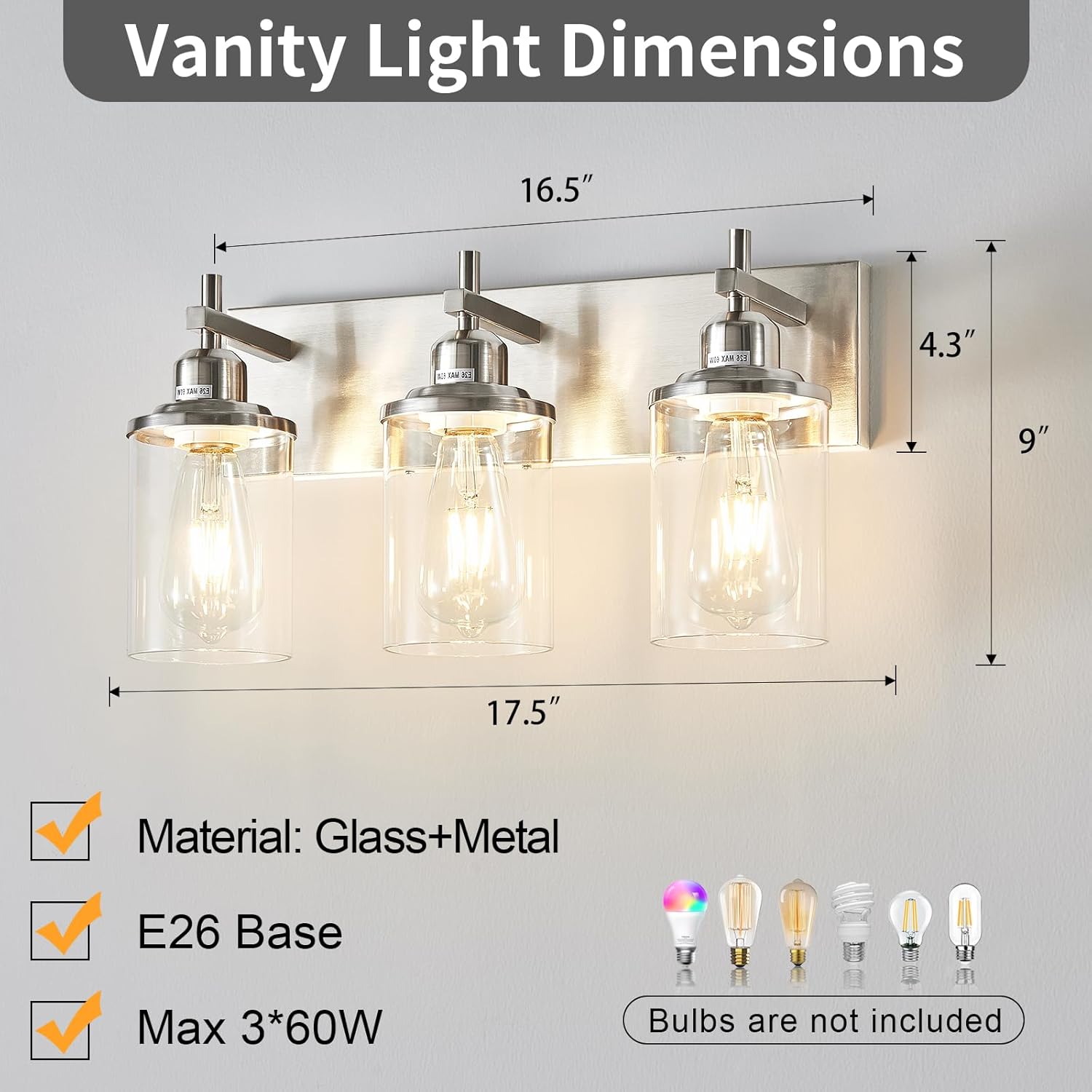 Lanhall 3-Light Brushed Nickel Bathroom Light Fixture Over Mirror Modern Bathroom Vanity Light Vintage Wall Lighting with Clear Glass Shade for Bathroom, Bedroom, Hallway, Cabinet
