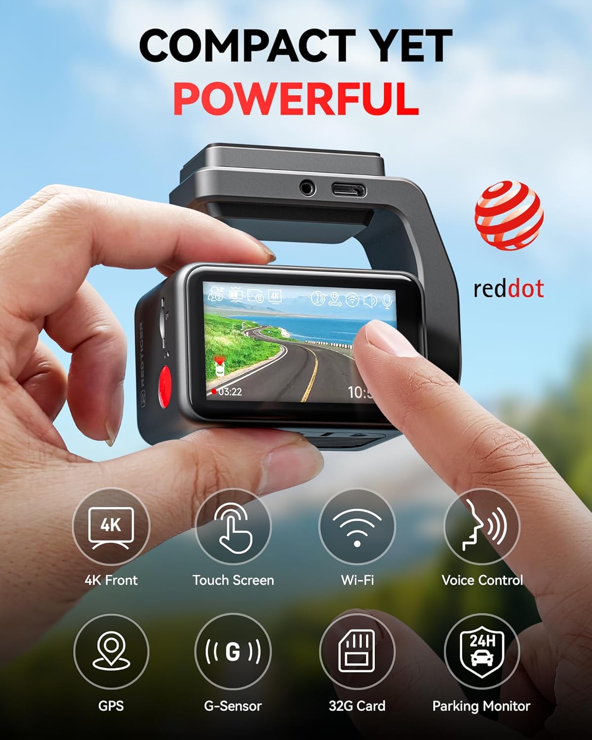 REDTIGER F4 4K Dash Cam Front, 2.2 inch Mini Car Camera, 2160P UHD Touch Screen, Voice Control, Included 32GB Card, Night Vision, Built-in GPS, WiFi APP Control, Loop Recording, 24H Parking Monitor