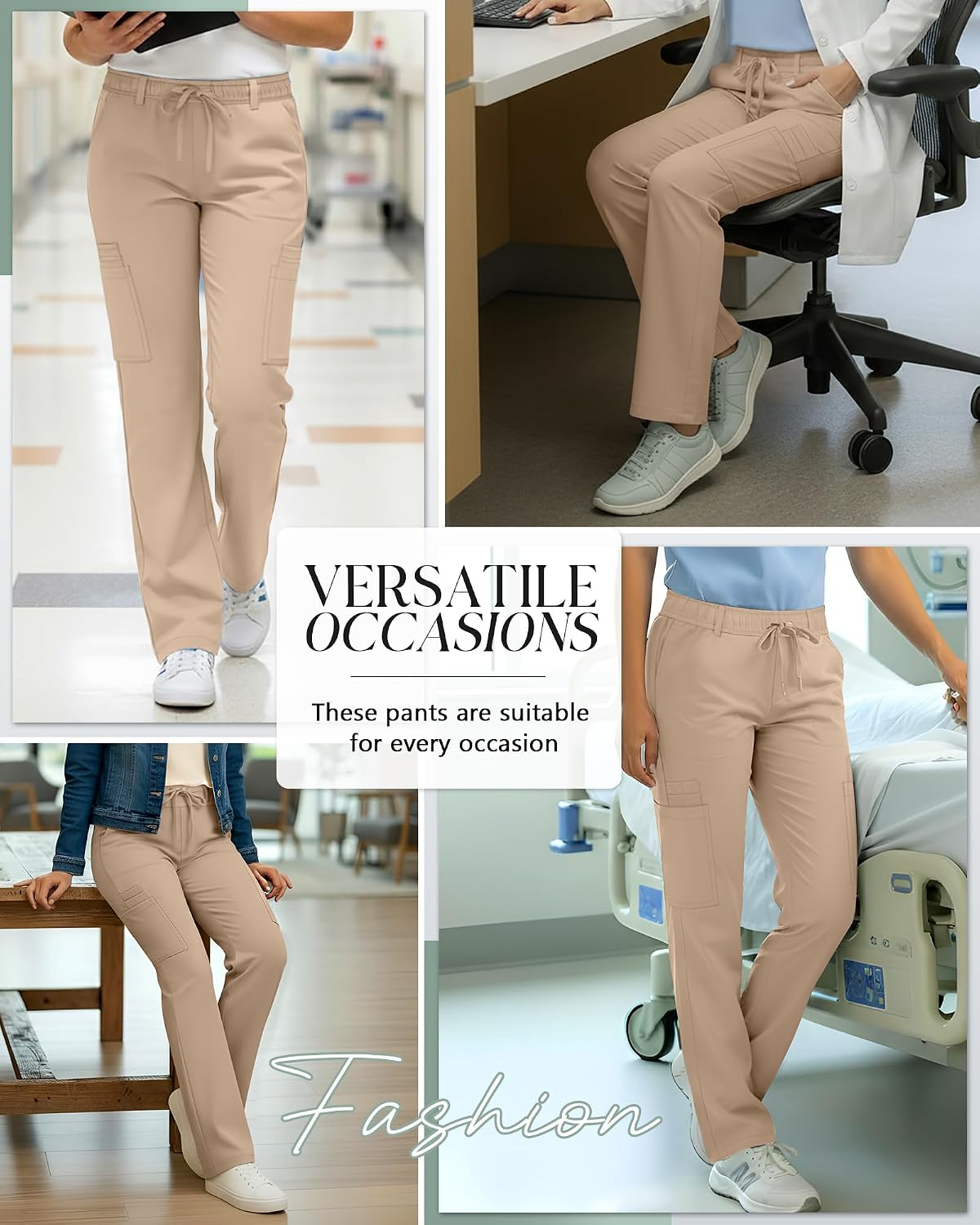 Oakgarden Women's Scrubs Pants Medical Mid Rise Cargo Pants with 6 Pockets Straight Wide Leg Drawstring Stretch Scrub Bottoms