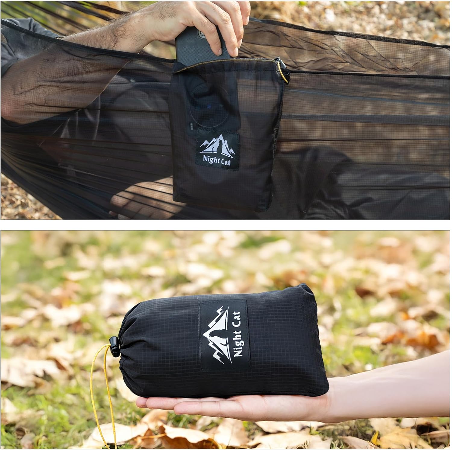 Night Cat Ultralight Pocket Hammock: Durable Tree Hammock Tear-Resistant HMPE Ripstop High Strength Fabric Only 0.66lb Max Load 330lbs Portable for Solo Hiking Backpacking