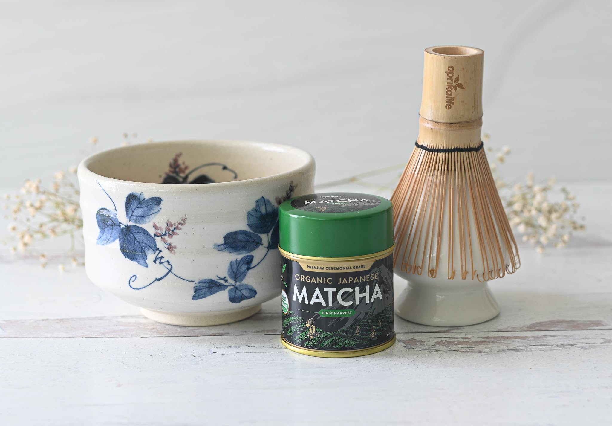 Blue Flowers Ceramic Matcha Set - Japanese Matcha Bowl, Ceremonial Matcha 30g, Bamboo Matcha Whisk and Whisk Holder - Handcrafted Matcha Cup, 100 Prongs Chasen by Aprika Life