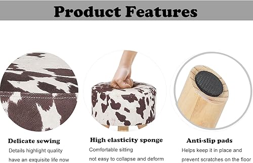 Miniatura 5 de Homebeez Taburete otomano redondo de terciopelo, reposapiés pequeño con patas antideslizantes (vaca marrón)