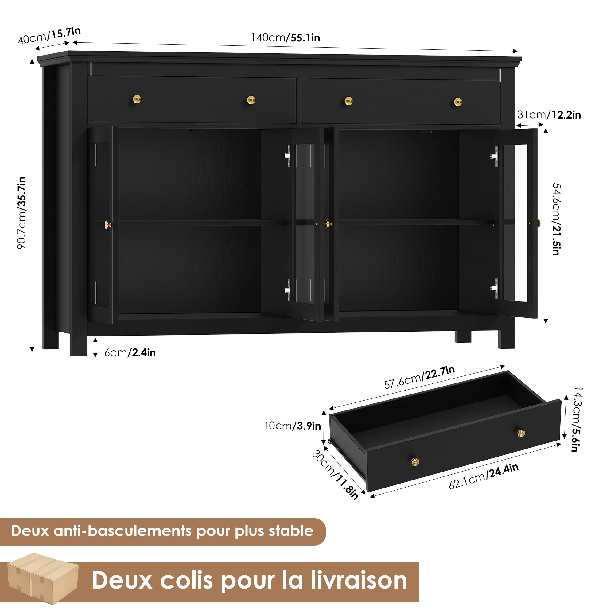 FirFurd Buffet Portes Vitrées Meuble Cuisine Rangement Noir 140x40x90.7cm