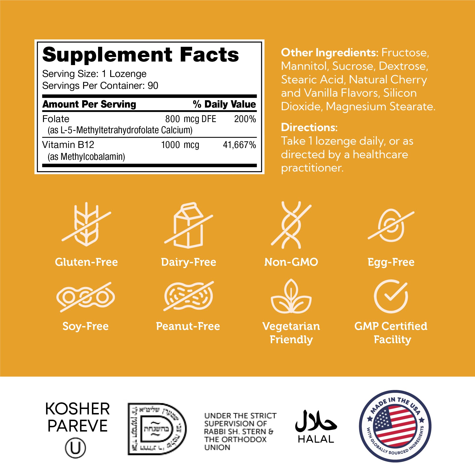 Zahler Energizer - Folate and B12 Supplement - Fast Dissolving Cherry Flavor Lozenges Dual Methylated & Folate with 1360 mcg Folic Acid + 1000 mcg Methyl Vitamin B12 (90 Count) — Amazon image 3