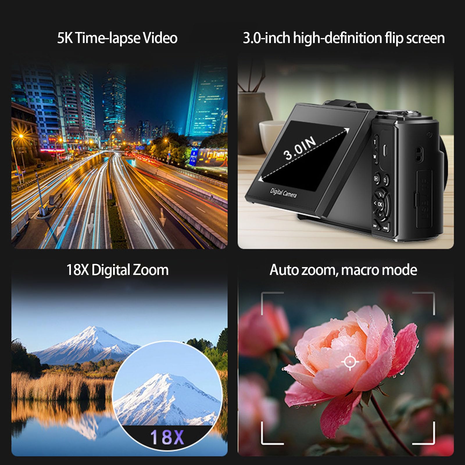 Fotocamera Vlog 5K 75MP Con Schermo da 3 pollici 180 ° Zoom 18X WiFi e messa a fuoco automatica Luce integrata per principianti Zoom WiFi Vlog Camera