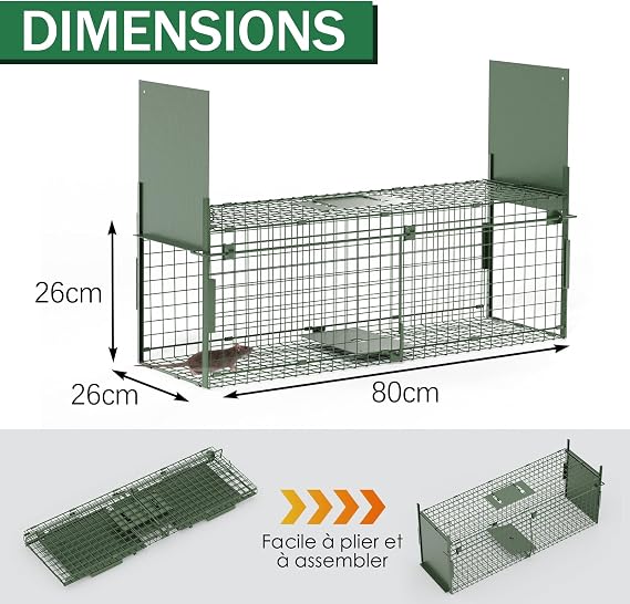 Cage Trap 80 x 26 x 26cm Reusable Live Trap with 2 Entrances for Martens, Cats, Foxes, Raccoons