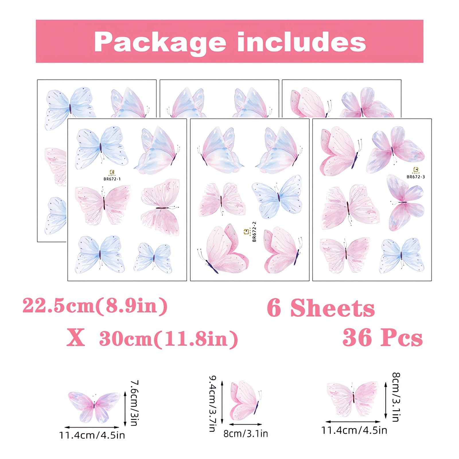 6 hojas de 36 calcomanías de pared de mariposa azul claro y rosa claro, calcomanías de pared de arte en acuarela, vinilo extraíble para niños, guardería, dormitorio, sala de juegos,