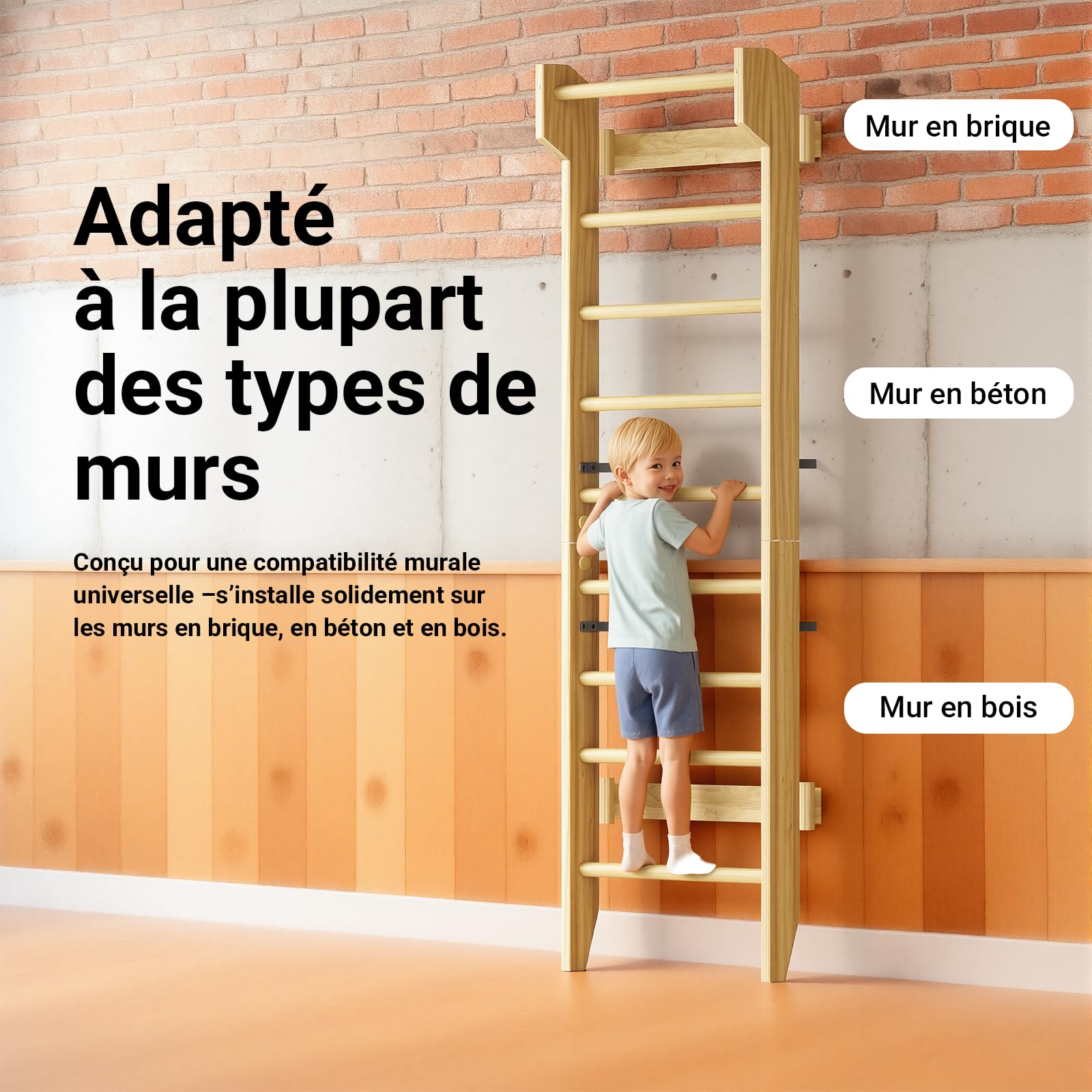 COSYLAND Espalier en Bois, Échelle Suédoise de Gym pour Adultes,Structure Murale Robuste Jusqu’à 100KG, Espalier Polyvalent pour Musculation, Étirements et Entraînement à Domicile